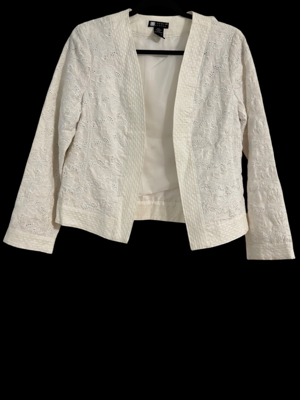 Carole Little Ivory Linen Embroidered Jacket S Open Front Floral Eyelet Blazer - Picture 2 of 10